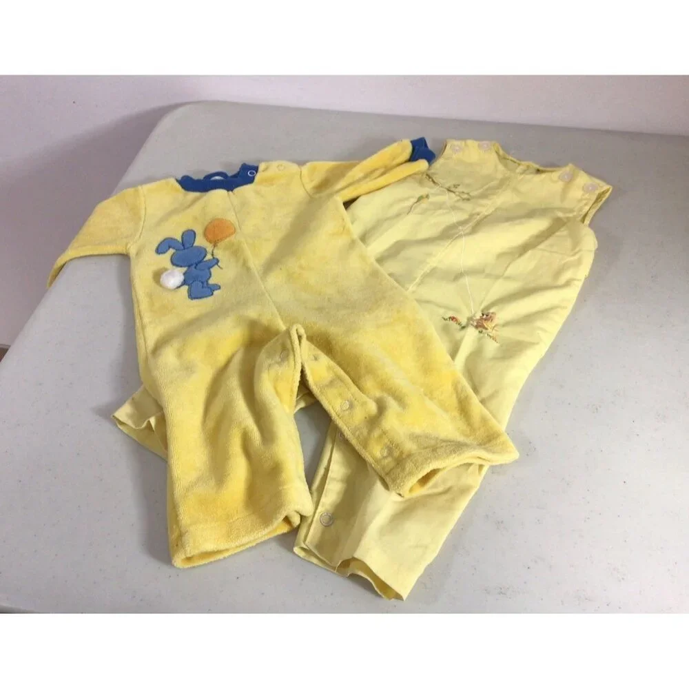 Vintage 1970's Baby Clothes Healthtex Yellow Overalls Velvet Puppy 2T